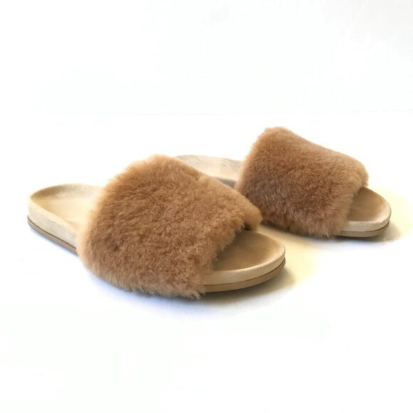 Jenni Kayne Shearling Slide Sandals Womens 39 9 Tan Brown Suede Open Toe Mules - Picture 6 of 13